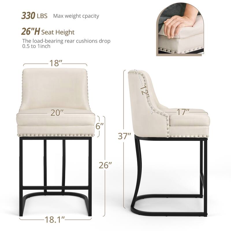 Modern 26" Barstool with Back Metal Frame Stool Counter Height Bar Stools and 6" Thick Cushion for Kitchen Island