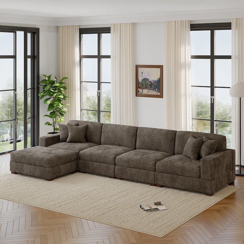 Modern Oversized Chenille Modular Sectional Sofa with Ottoman - Camel-5 Piece