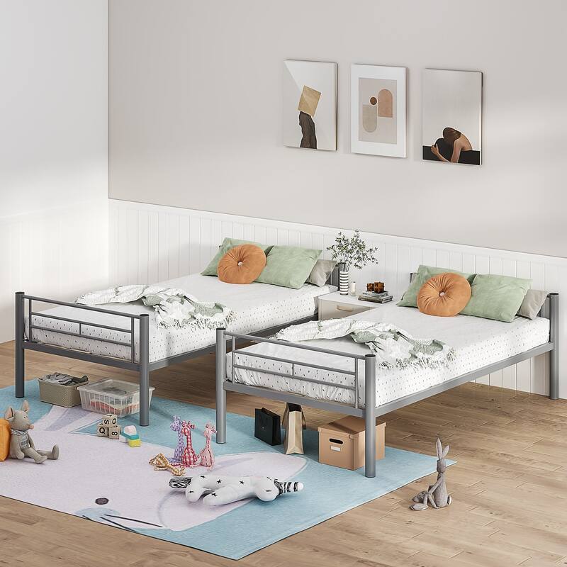 Bunk Bed Metal Twin Size Bunk Beds Frame with Ladder & Full-Length Guardrail Heavy Duty Sturdy 2 in 1 Convertible Bunk Bed