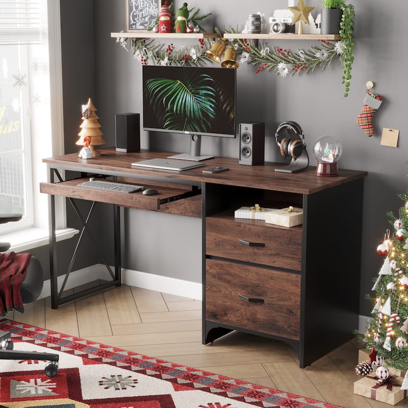 55 inch Computer Desk with Keyboard Tray and Storage Drawers
