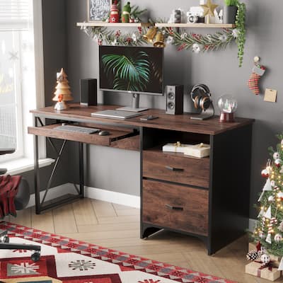 55 inch Computer Desk with Keyboard Tray and Storage Drawers