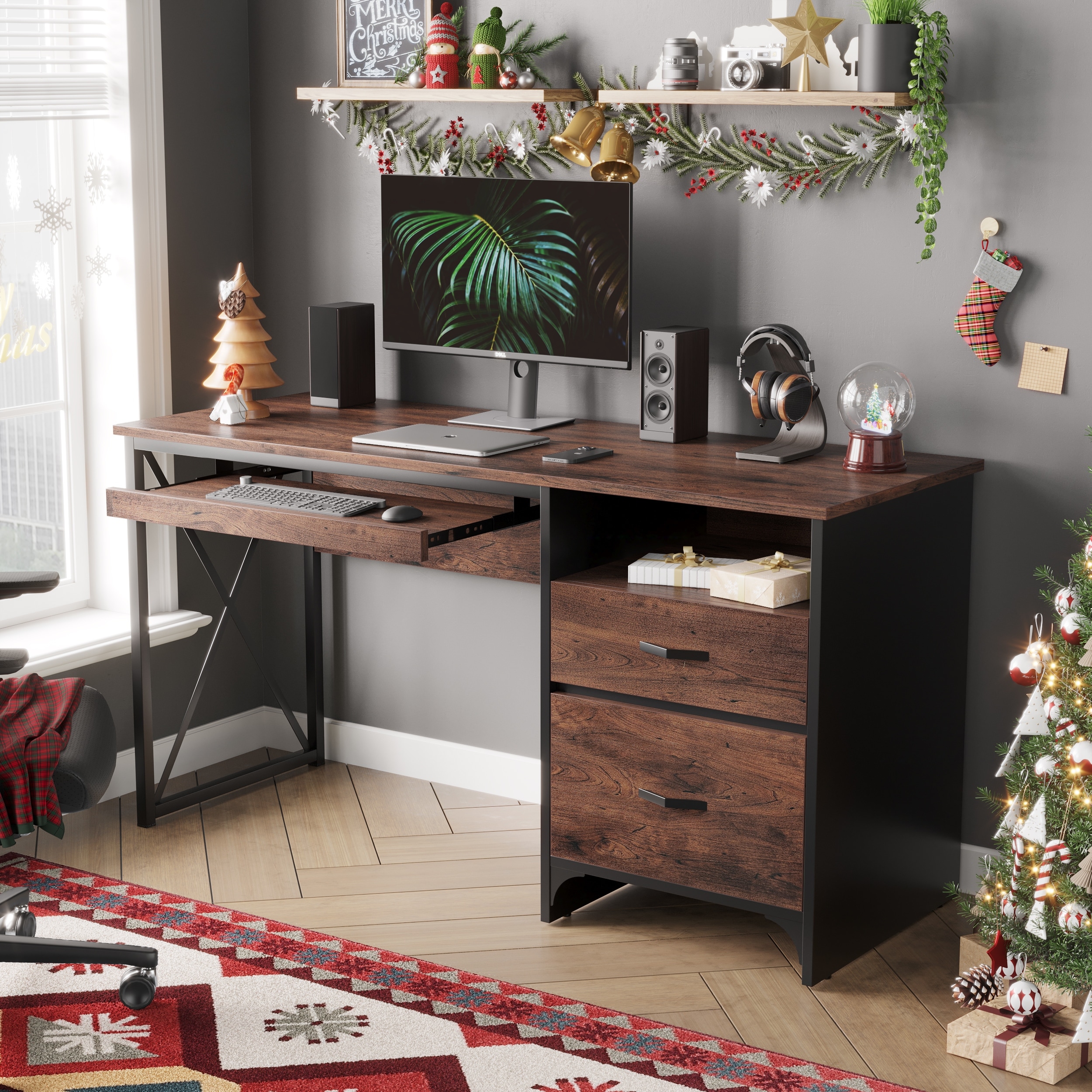 55 inch Computer Desk with Keyboard Tray and Storage Drawers