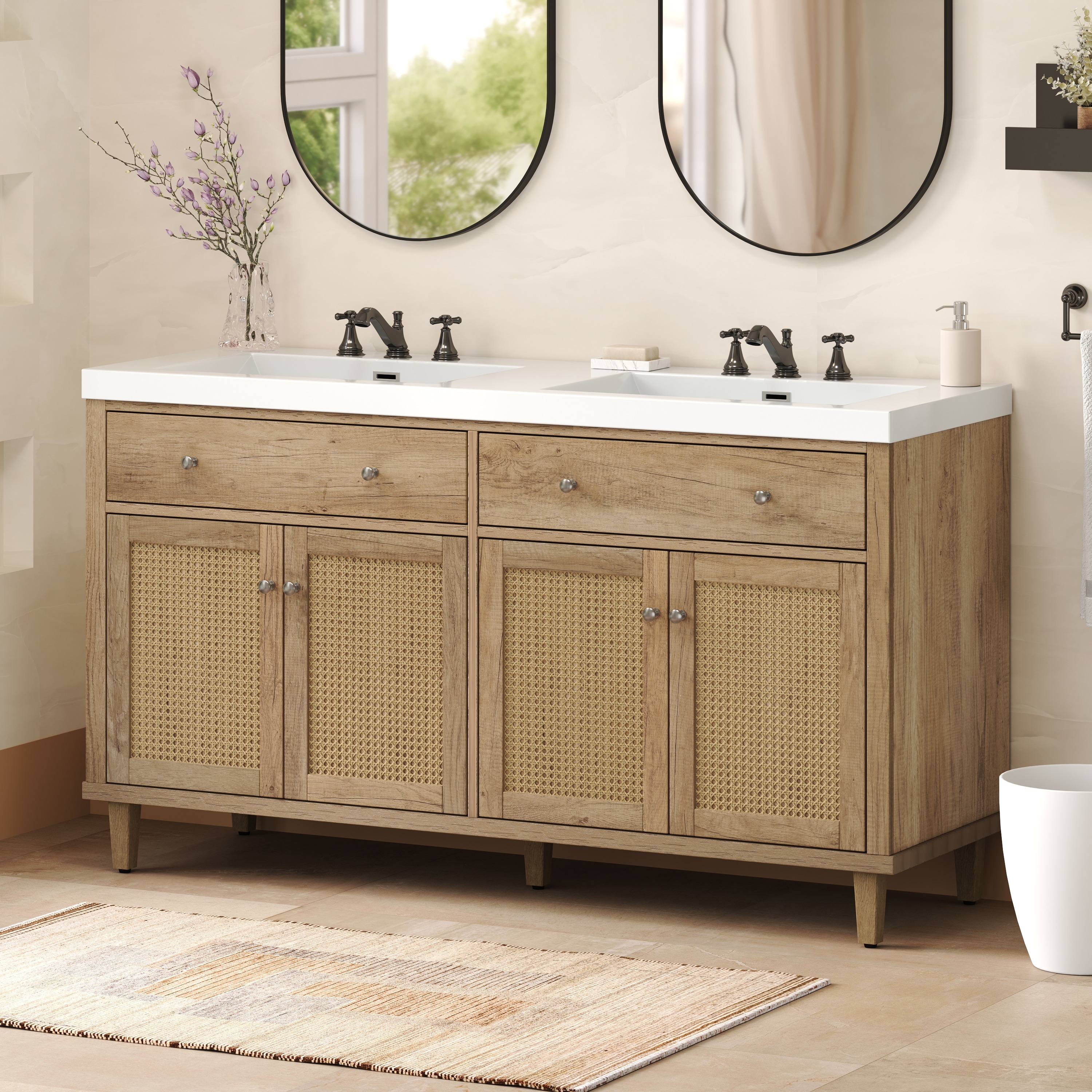 Christopher Knight Home - Bellmere 60" Modern Double Sink Bathroom Vanity with SMC Sink, Soft-Close Storage, and Wood Legs