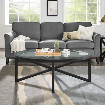 Modern Round Coffee Table - Tempered Glass Top & Solid Wood Base for Living Room