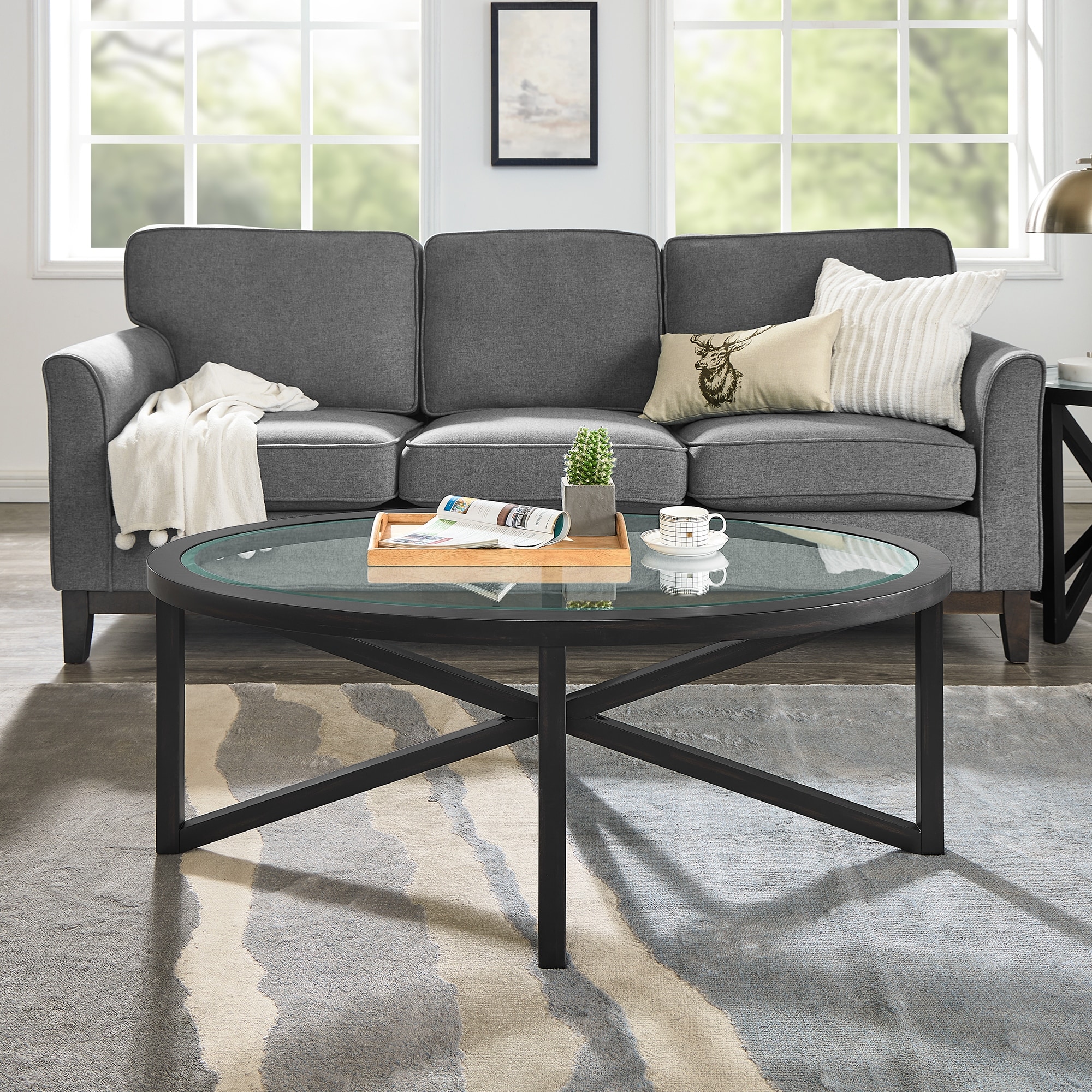 Roomfitters Modern Round Tempered Glass Coffee Table with Solid Wood Base, Clear Top Accent Table for Living Room