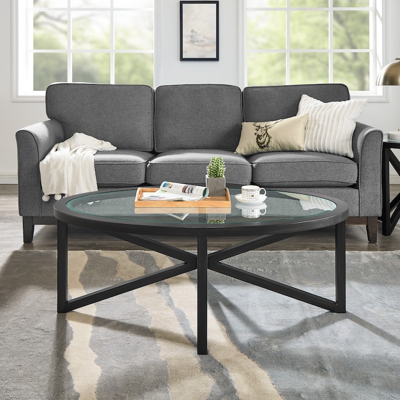 Roomfitters Modern Round Tempered Glass Coffee Table with Solid Wood Base, Clear Top Accent Table for Living Room - Black