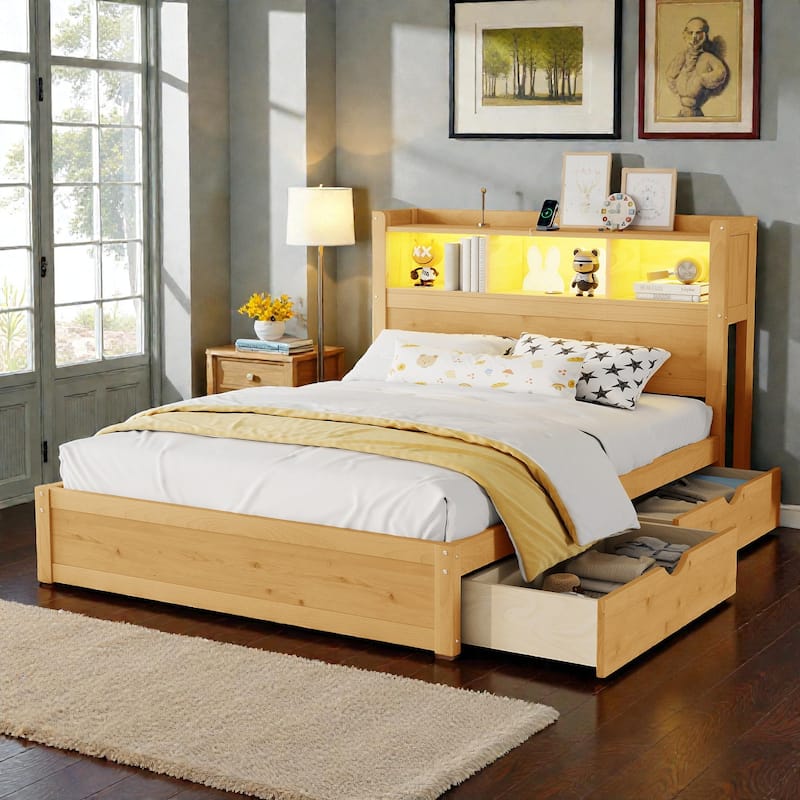 Wood Bed with Storage Headboard, Drawers and Pull Out Cabinet, Twin Full Bed with LED Light and Socket