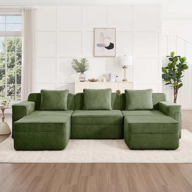 Modular 3-Seat Sectional Sofa with Throw Pillows and 2 Movable Ottomans
