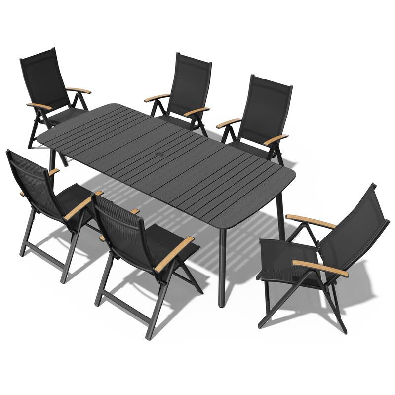 7/9PC Patio Dining Table Rectangular Aluminum Outdoor Table with Folding Chairs