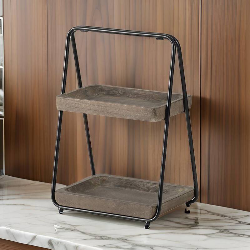 Nick 19 Inch 2 Tier Decorative Tray Stand, Black Iron Frame, Gray Wood