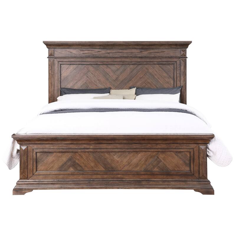Marv King Size Bed, Parquet Pattern, Traditional Style, Brushed Brown Wood