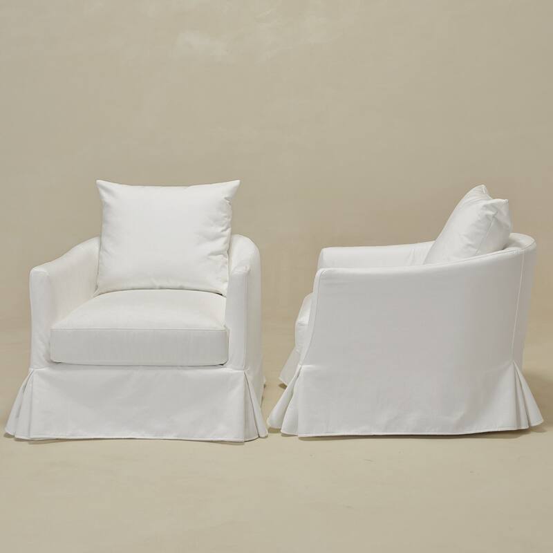 KINWELL 32" W Down Fill Upholstered Slipcovered Swivel Barrel Accent Armchair