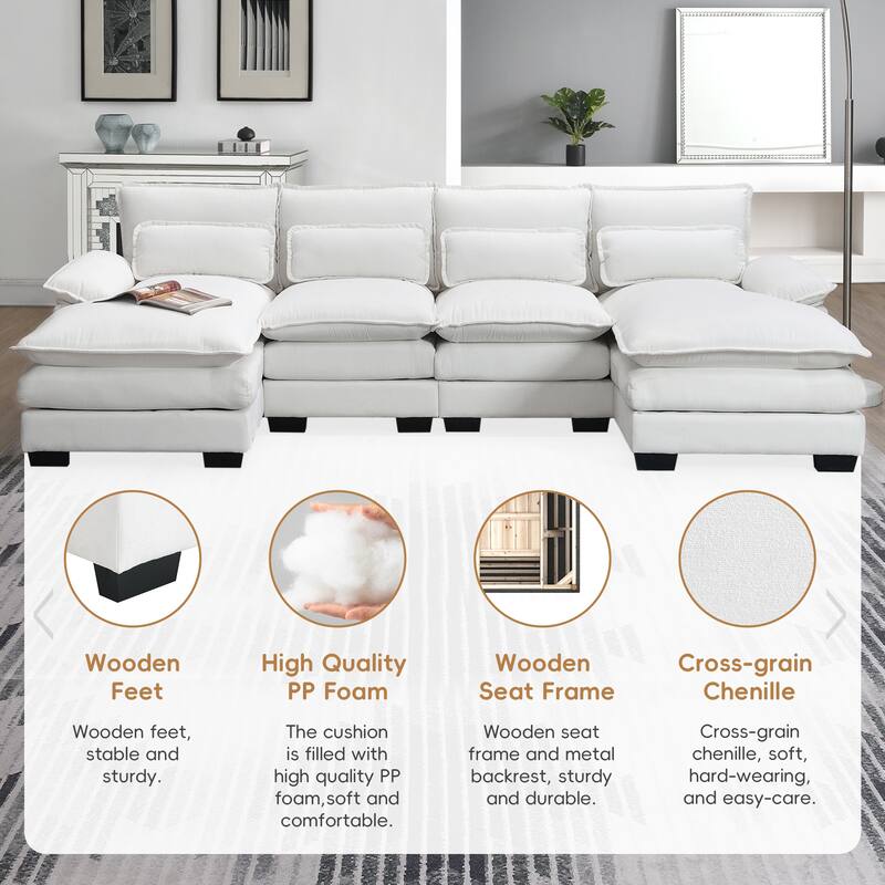 110x55x33" Modern U-shaped 6-seat Sleeper Sofa with Double Chaise, Double Cushions and 4 Waist Pillows, Chenille, White