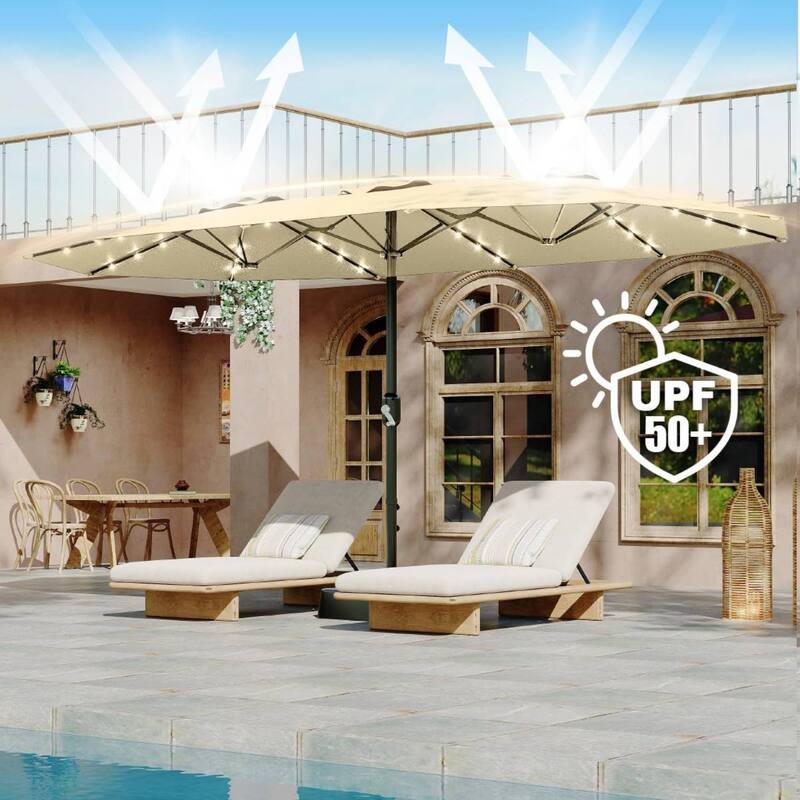 15FT Double-Sided Patio Umbrella with with LED and Base Included for Pool Lawn Garden