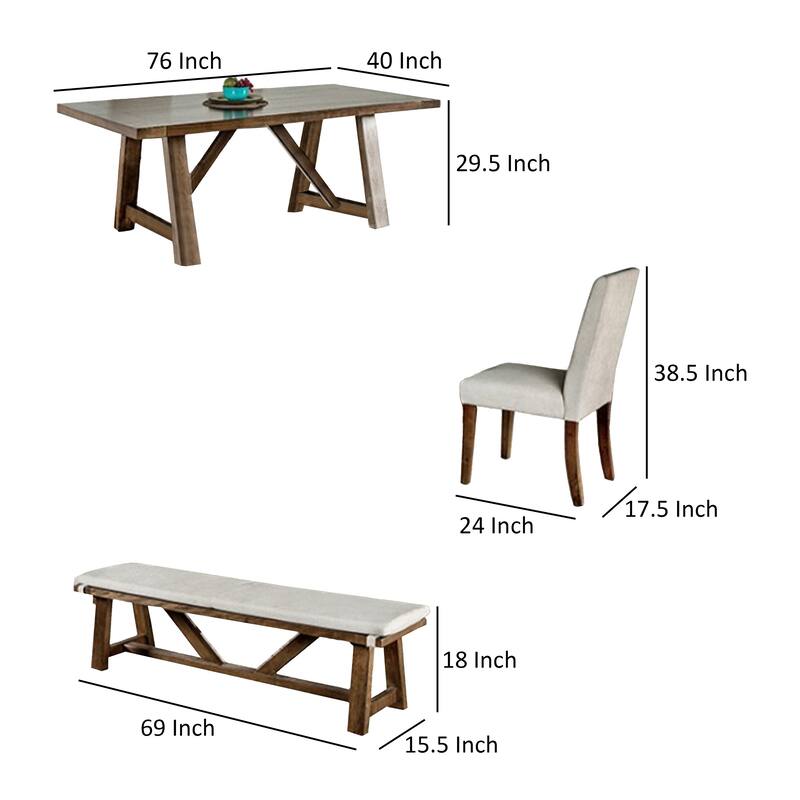 Jule 6pc Dining Set, Brown Rectangular Table, Chairs, Bench w White Seats