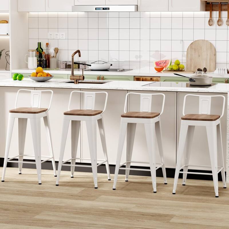 Counter & Bar Stools with Metal Frame Kitchen Stools with Low Back Kitchen Bar Furniture Stools with Square Wooden Seat - Set of 4 - Off-White - Counter Height