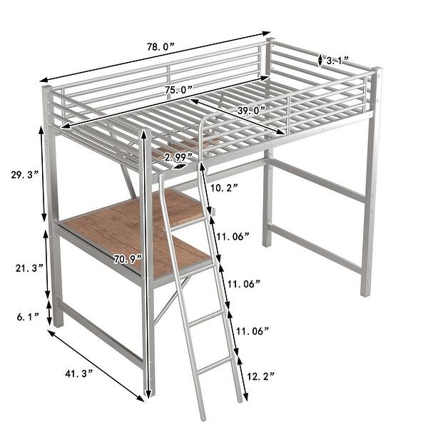 Industrial Modern Twin Size Loft Metal & MDF Bed with Built-in Desk and Shelf, Sturdy Construction & Safety Guaranteed, Silver