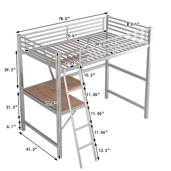 Silver Metal Loft Bed with Integrated Desk, Shelf, and Full-Length Guardrail