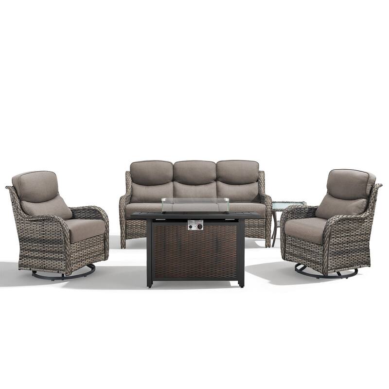 Meyreso 5-Piece Outdoor Patio Metal Fire Pit Wicker Conversation Set with 5-Inch Thick Olefin Cushions