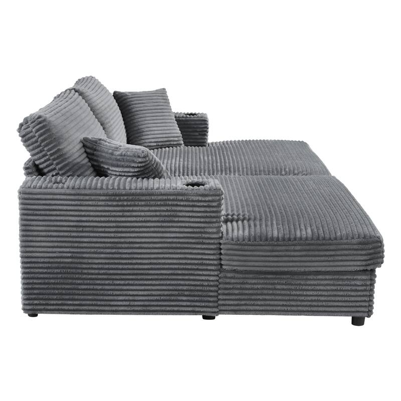 Roomfitters Oversized Loveseat Chaise Lounge Sectional Sofa Bed, Corduroy Sleeper with USB Ports, Cup Holders
