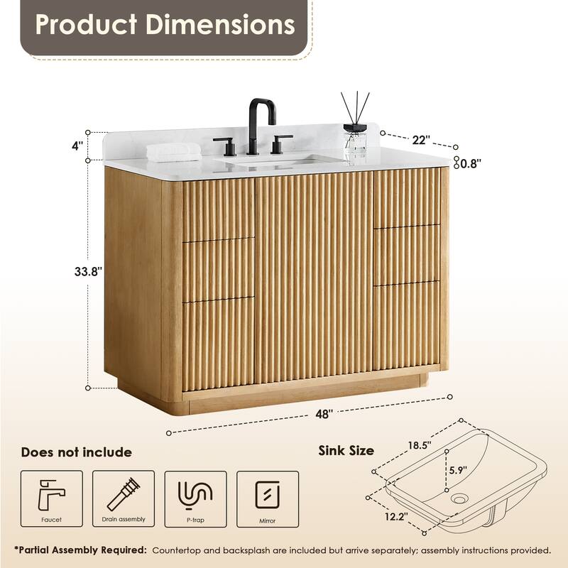 Clayton Bathroom Vanity in Washed Light Brown with Grain White Engineered Stone Countertop without Mirror