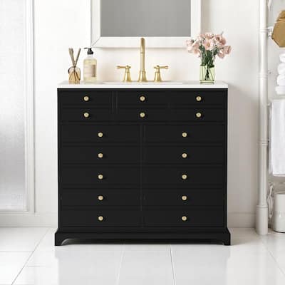 36 Inch Bathroom Vanity with White Ceramic Basin, 2 Soft-Close Drawers and Doors, Freestanding Storage Cabinet