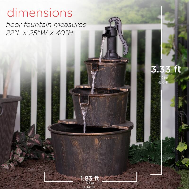 Alpine Corporation 40" Tall Outdoor 3-Tier Barrel Pump Waterfall Fountain, Brown