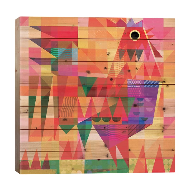 Patchwork Rooster Iv Print On Wood by Gareth Lucas - Multi-Color - 26x26x1.5