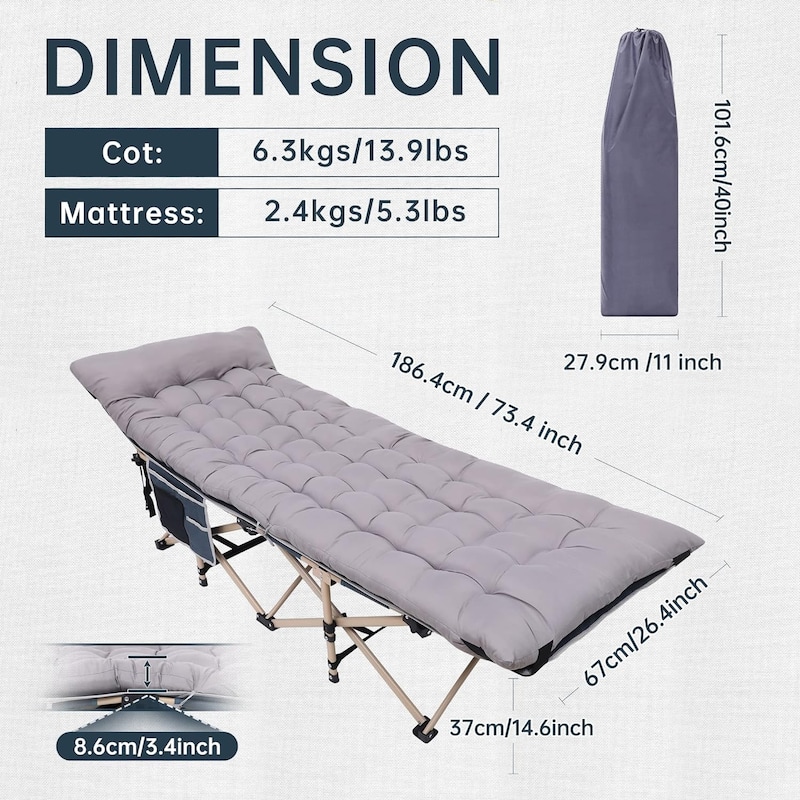 Camping Cot, Folding Camping Cot Folding Cot for Adults with Mattress, Pillow and Side Mesh Holders Holds Weights Up to 500Lbs