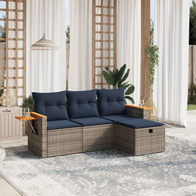 vidaXL 4 Piece Patio Sofa Set with Cushions Gray Poly Rattan - 21.7" x 24.4" x 27.2"