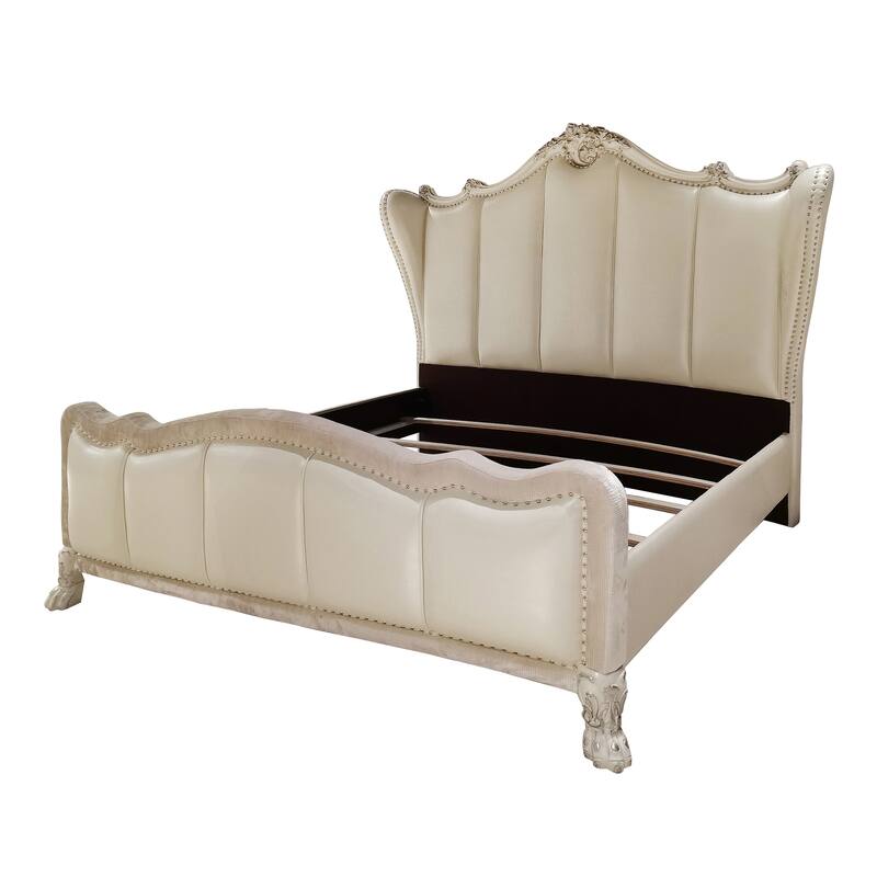 Adison Ivory and Bone White Bed with Nailhead Trim - California King