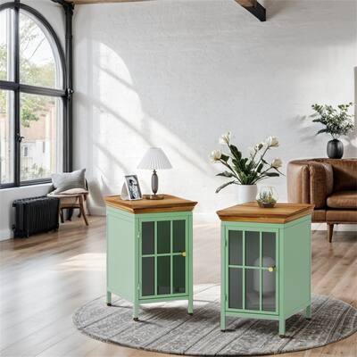 Solid Wood Tabletop Coffee Table with Storage and Glass Door（Set of 2）