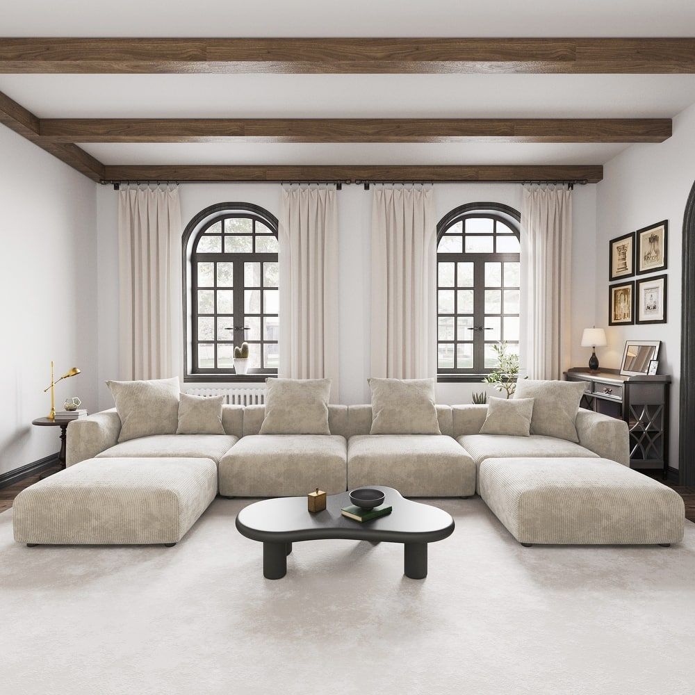 Large Modular Sectional Sofa Corduroy Upholstery U-Shaped 4 Seater with 2 Ottoman and 5 Pillows