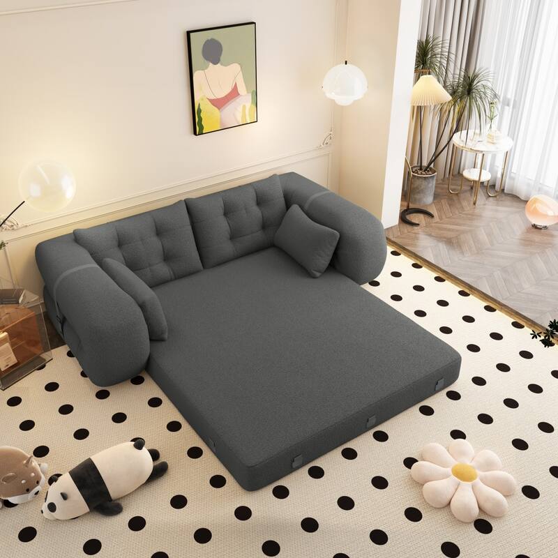 78.7" Teddy Fabric Multi-Functional Foldable 3-in-1 Sofa Bed with Pillows, Lazy Sofa Couch