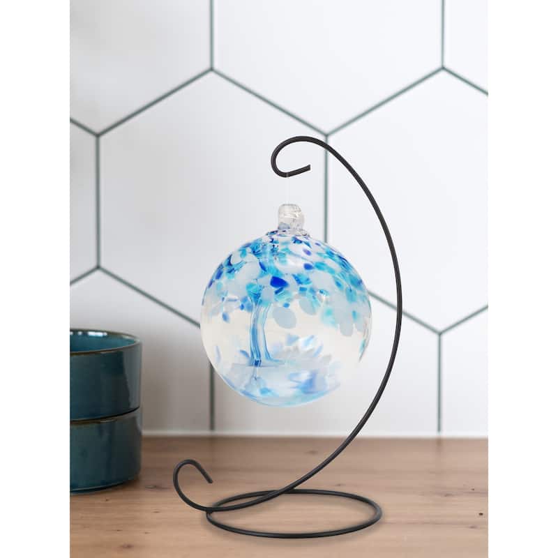 Tree Of Life 3In Aqua Hand Blown Glass Ball With Stand