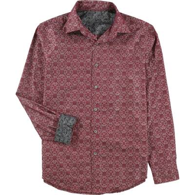 Tasso Elba Mens Medallion Jacquard Button Up Shirt, Red, Small