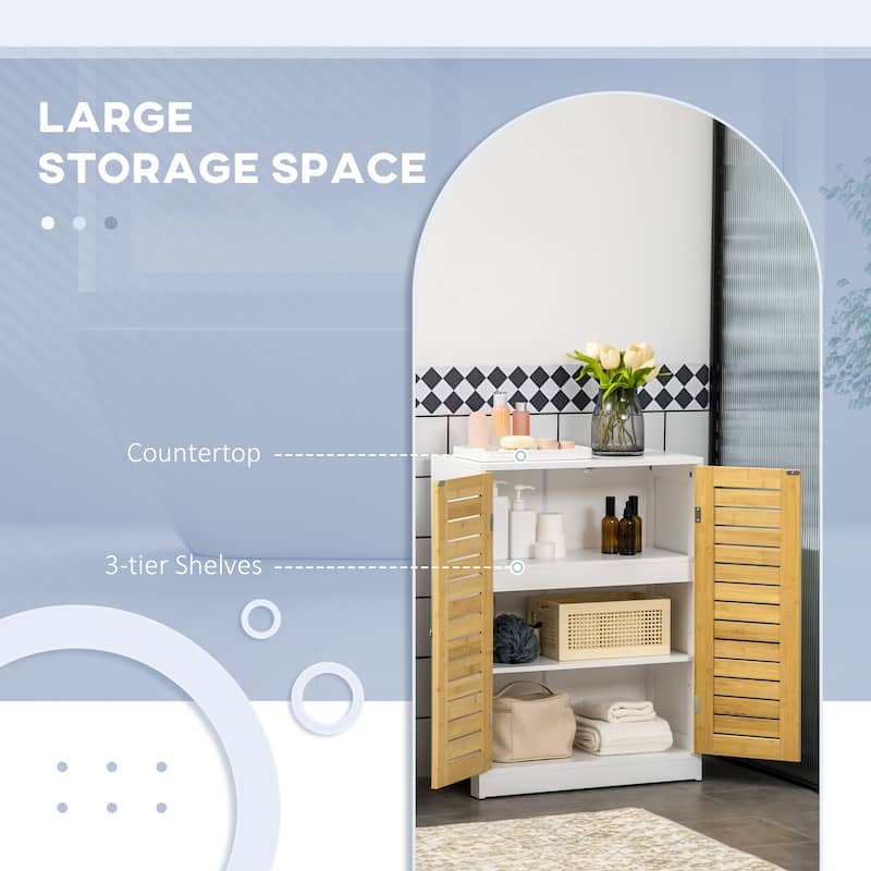 kleankin Bathroom Floor Cabinet, Side Storage Organizer Cabinet with Bamboo Doors, Adjustable Shelves, White and Natural