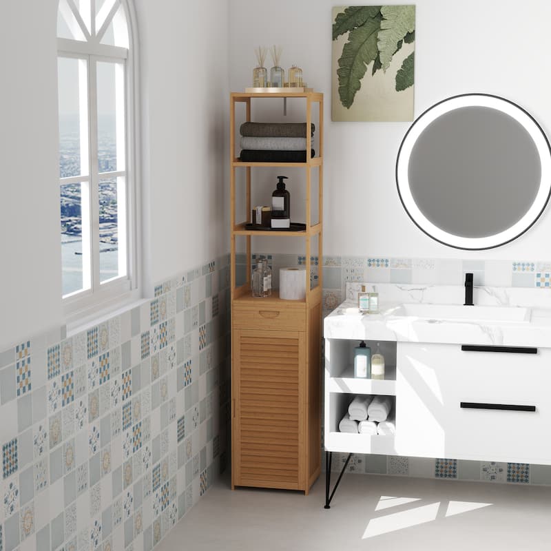 kleankin Tall Bathroom Cabinet with Drawer and Slatted Shelves, Slim Bamboo Linen Tower with Louvered Door