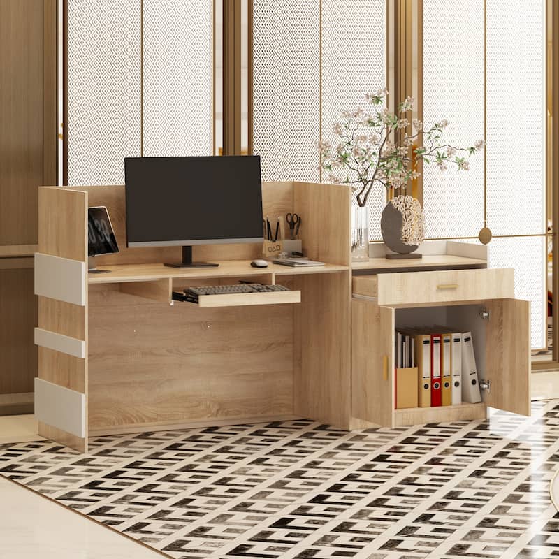 Modern Hotel Reception Desk - White + Oak with Keyboard Drawer