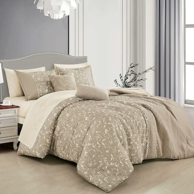 9 Piece Bed-in-a-Bag Beige & Off-White Geometric Soft Bedding Comforter Set