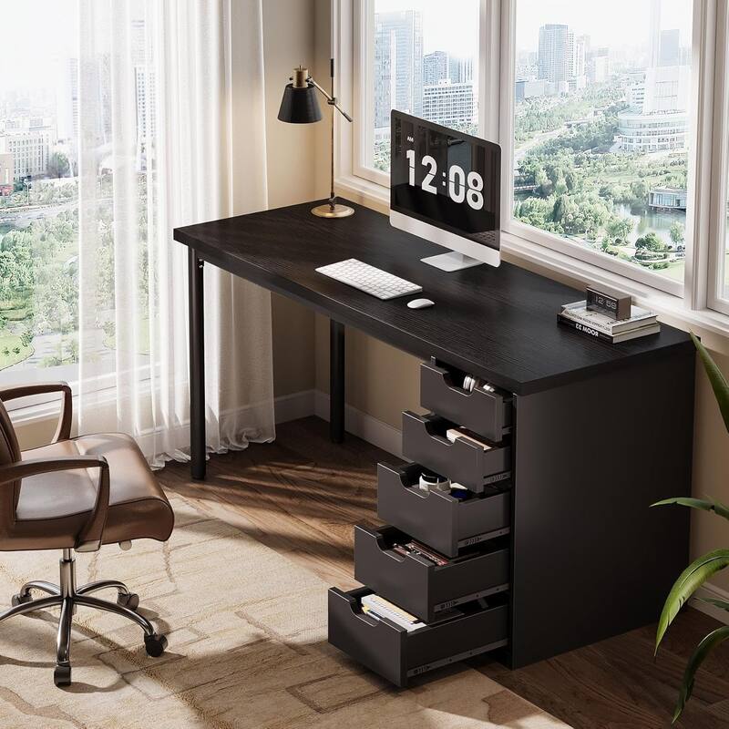 PC/Computer Desk with 5 Reversible Drawers, Home Office Desk with Storage, Laptop Desk Study Writing Table Workstation