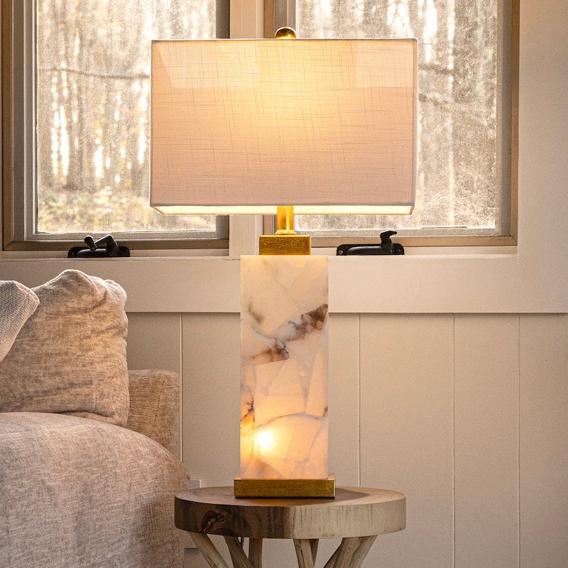 Eloise 27.5" Alabaster LED Table Lamp, White/Gold Leaf by JONATHAN Y