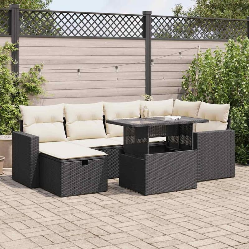 vidaXL Patio Sofa Set with Cushions Outdoor Furniture 7 Piece Poly Rattan - 21.7 x 39.4 x 28.7 in - Black and cream with storage