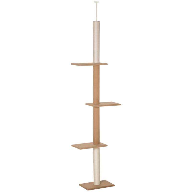 PawHut 89"-102" Floor to Ceiling Cat Tree Cat Climbing Tower, Light brown - brown