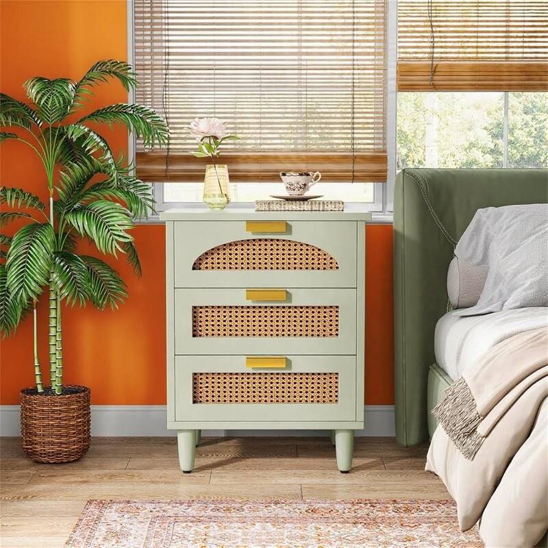 Mint Green & Rattan Nightstand with 3 Drawers