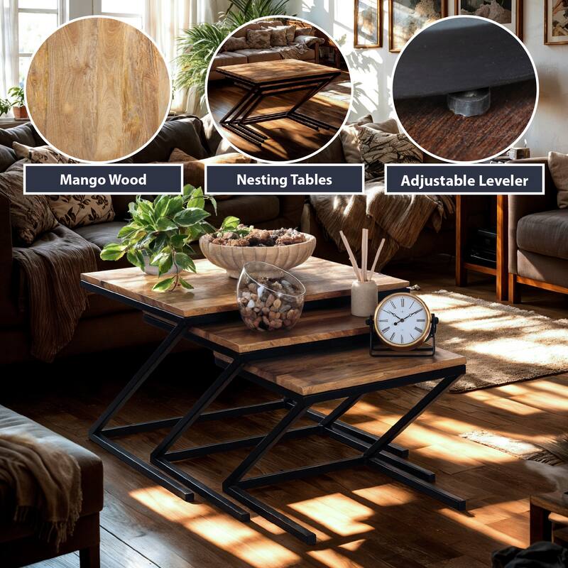 Mango Wood Nesting Tables Set of 3 with Black Metal Z Frame Base