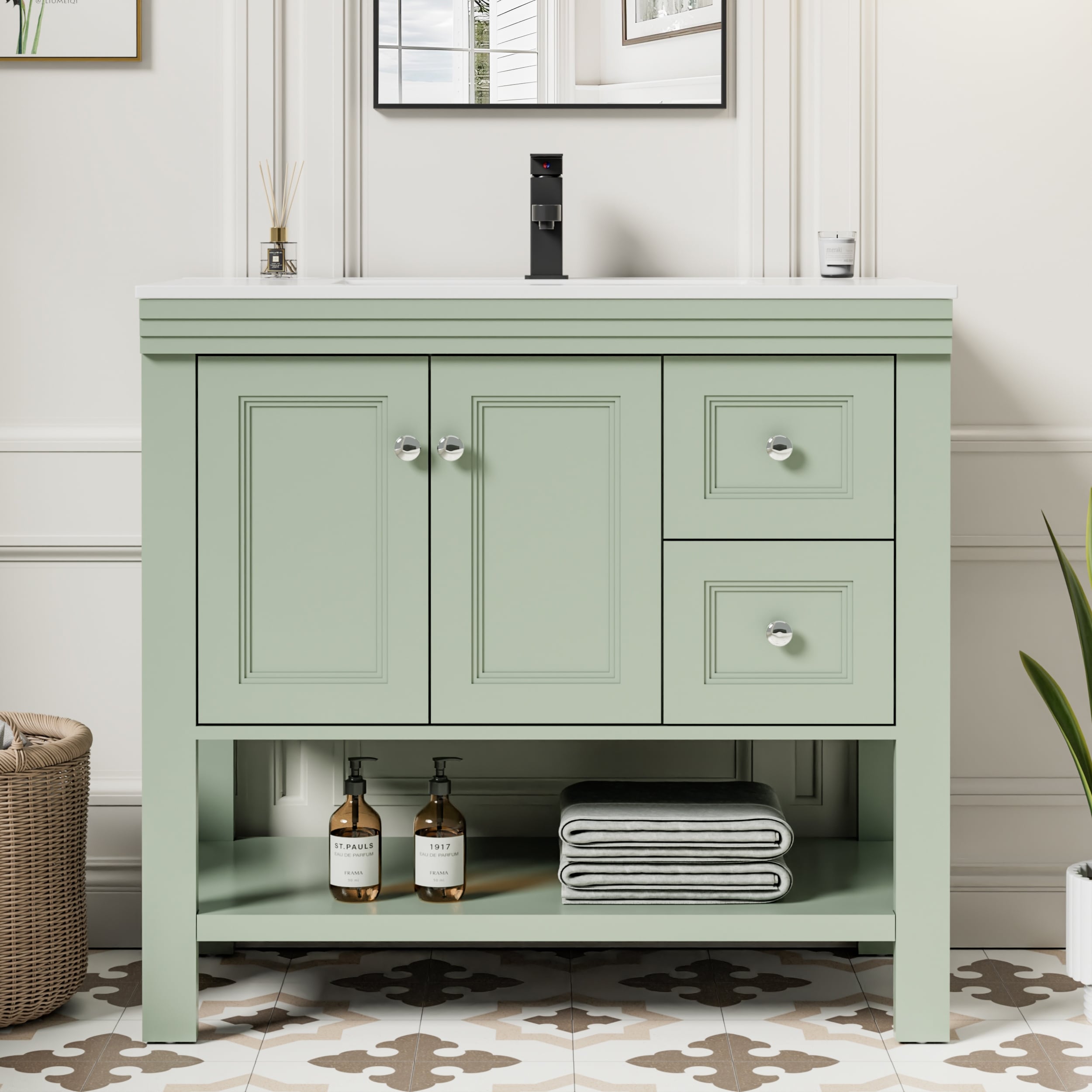 36"/48" Open Shelf Bathroom Vanity with Drop in Sink Drawer