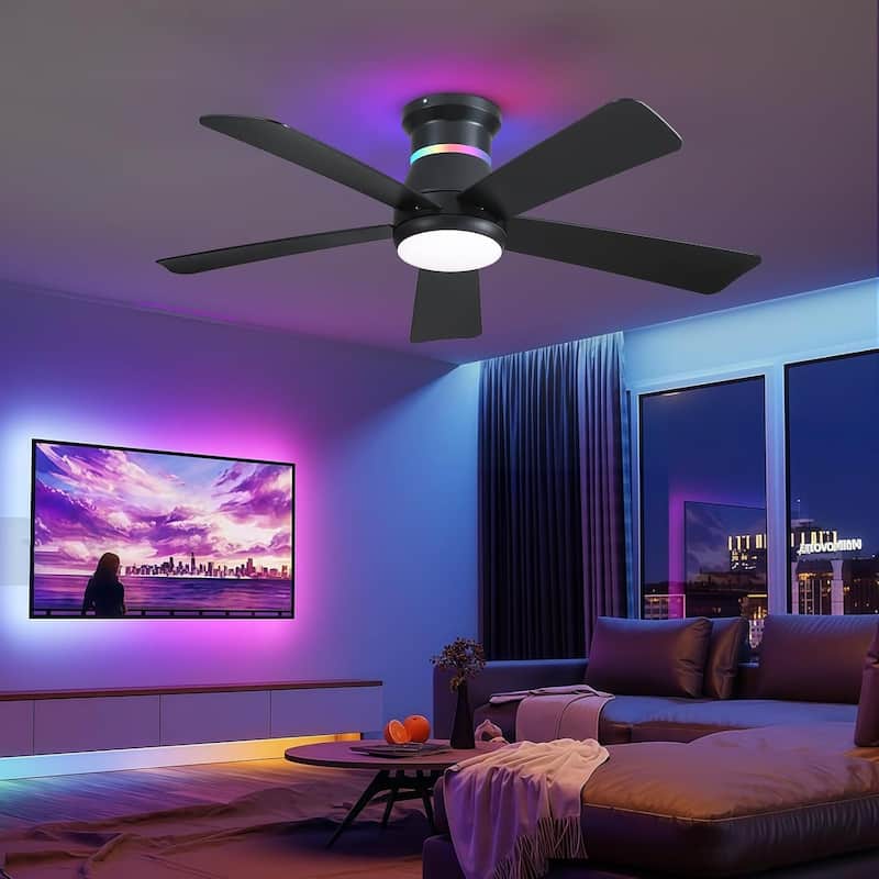 52 Inches RGB Flush Mount Ceiling Fan with Light and Remote,DC Motor,for Living Room Bedroom - 52 Inches
