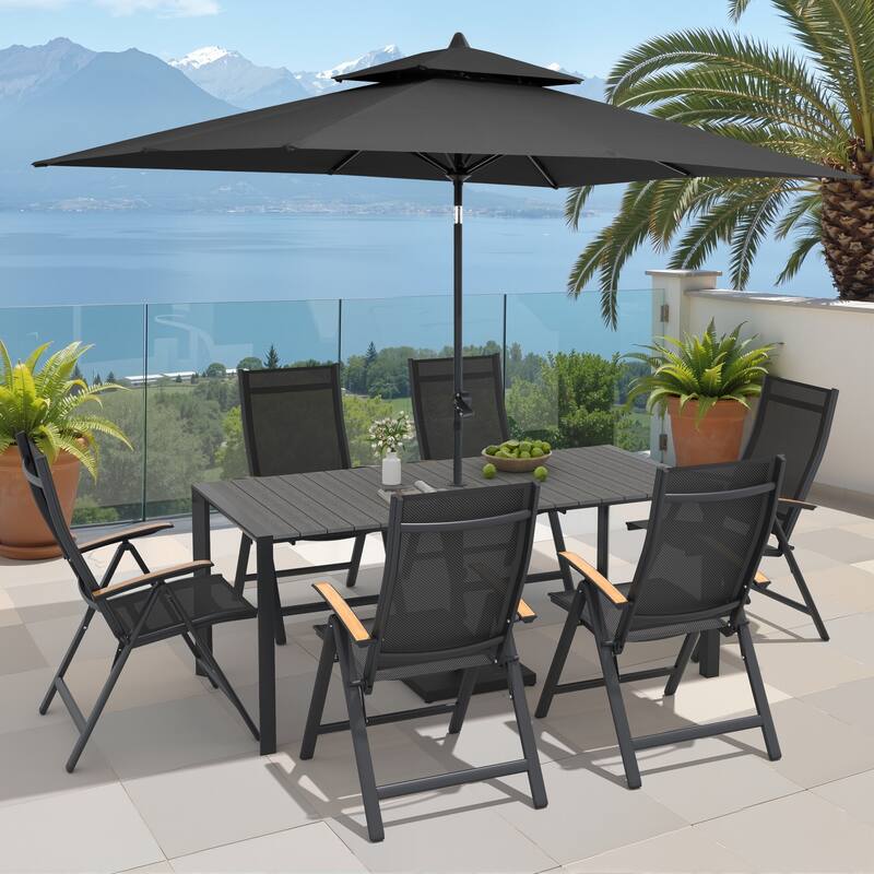 9/11-Piece Outdoor Patio Dining Set Aluminum Dining Table and Chairs w/10 ft Market Umbrella and Base - Set of 9 - Grey Table with Black Umbrella