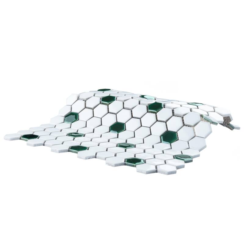 Merola Tile Metro Ion 1" Hex Emerald Dot w/Glossy White 10-1/4" x 11-7/8" Porcelain Floor and Wall Tile